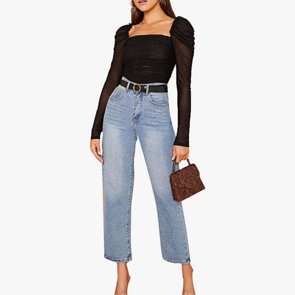 Floerns • Mesh Sheer Ruched Tops Square Neck Long Sleeve - Picture 4 of 4